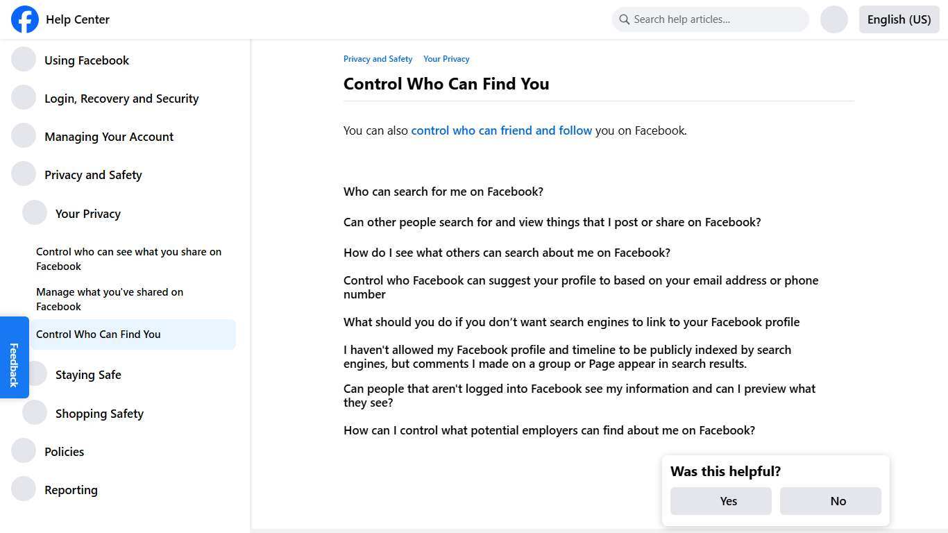 Control Who Can Find You Facebook Help Center